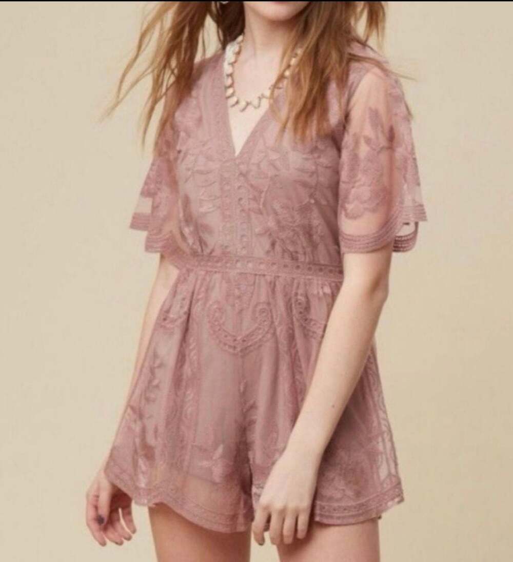 Entro V-Neck Short Sleeve Blush Pink Lace Overlay Romper